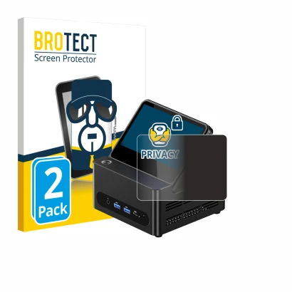 Front side of a product packaging with the brand logo BROTECT. Next to it is the device AOOSTAR G-FLIP H255 shown with the cor