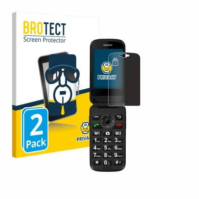 Front side of a product packaging with the brand logo BROTECT. Next to it is the device Simvalley Mobile XL-970 shown with the