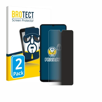 Front side of a product packaging with the brand logo BROTECT. Next to it is the device Samsung Galaxy M07 shown with the corr