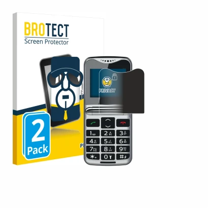 Front side of a product packaging with the brand logo BROTECT. Next to it is the device bea-fon Fold 10 LTE shown with the cor