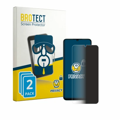 Front side of a product packaging with the brand logo BROTECT. Next to it is the device Umidigi A75x shown with the correspond