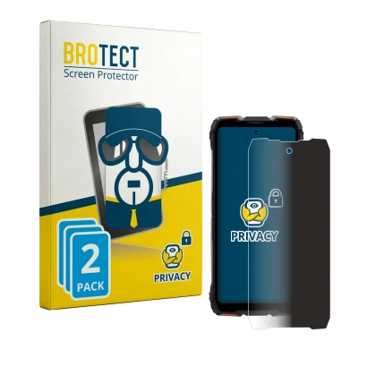Front side of a product packaging with the brand logo BROTECT. Next to it is the device Blackview Rock 3 shown with the corres