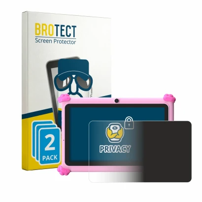 Front side of a product packaging with the brand logo BROTECT. Next to it is the device Ascrecem KIDS710 7" shown with the cor