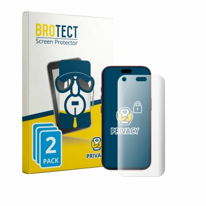 Front side of a product packaging with the brand logo BROTECT. Next to it is the device Apple iPhone 18 Pro shown with the cor