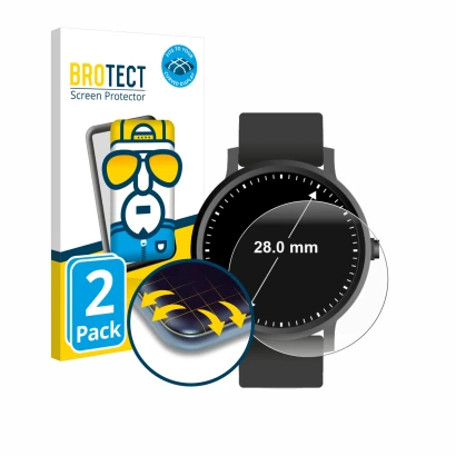 Front side of a product packaging with the brand logo BROTECT. Next to it is the device Watches (Circular, ø: 28 mm) shown wit
