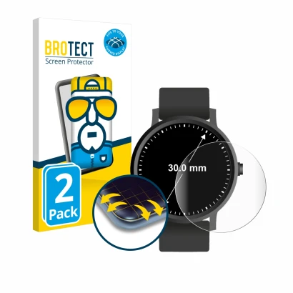 Front side of a product packaging with the brand logo BROTECT. Next to it is the device Watches (Circular, ø: 30 mm) shown wit
