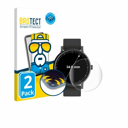Front side of a product packaging with the brand logo BROTECT. Next to it is the device Watches (Circular, ø: 34 mm) shown wit