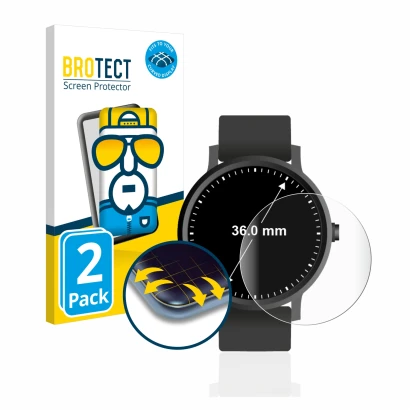 Front side of a product packaging with the brand logo BROTECT. Next to it is the device Watches (Circular, ø: 36 mm) shown wit