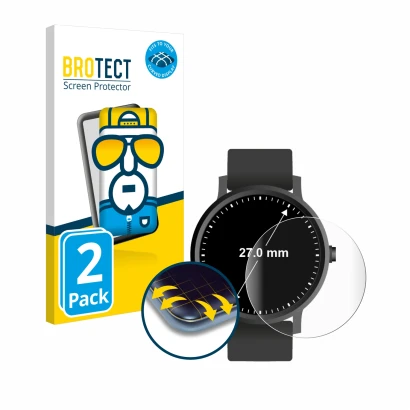 Front side of a product packaging with the brand logo BROTECT. Next to it is the device Watches (Circular, ø: 27 mm) shown wit