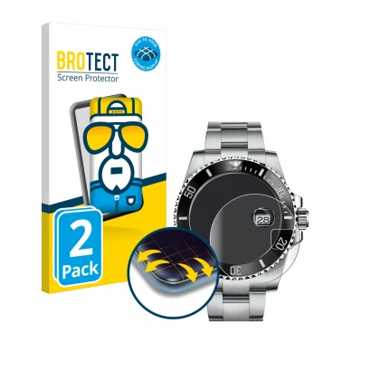 Front side of a product packaging with the brand logo BROTECT. Next to it is the device Rolex Submariner (Date) shown with the