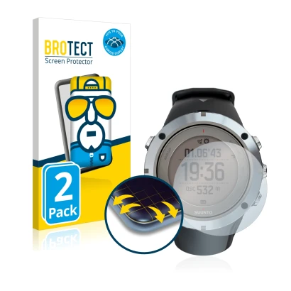 Front side of a product packaging with the brand logo BROTECT. Next to it is the device Suunto Ambit3 Peak Sapphire shown with