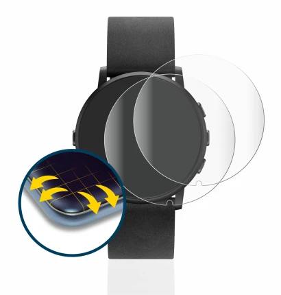 Image of the device Pebble Time Round with a wide variety of screen protectors.