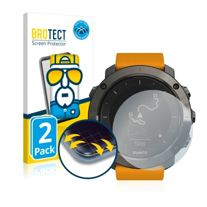 Front side of a product packaging with the brand logo BROTECT. Next to it is the device Suunto Traverse shown with the corresp