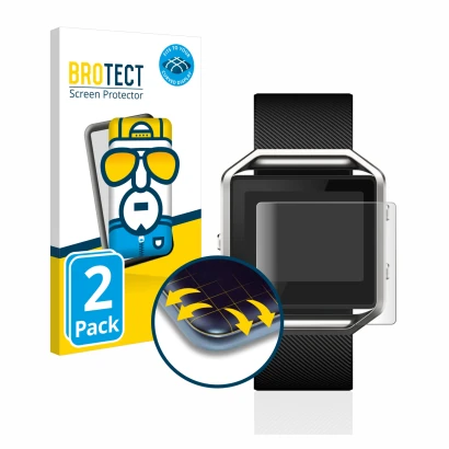 Front side of a product packaging with the brand logo BROTECT. Next to it is the device Fitbit Blaze shown with the correspond