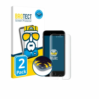 Front side of a product packaging with the brand logo BROTECT. Next to it is the device Apple iPhone 7 shown with the correspo