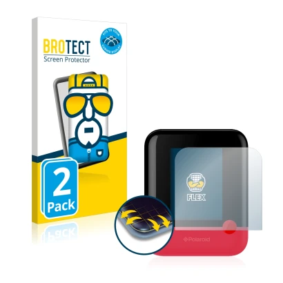 Front side of a product packaging with the brand logo BROTECT. Next to it is the device Polaroid Pop shown with the correspond