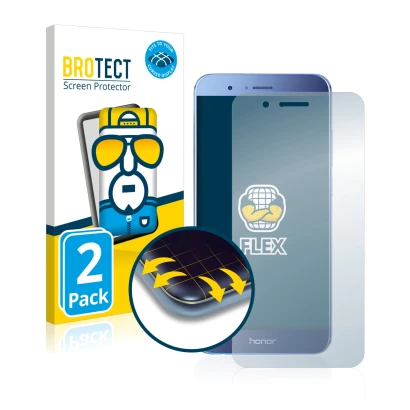 Front side of a product packaging with the brand logo BROTECT. Next to it is the device Honor 8 Pro shown with the correspondi