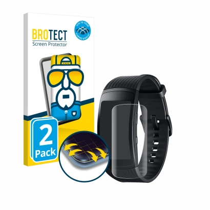 Front side of a product packaging with the brand logo BROTECT. Next to it is the device Samsung Gear Fit 2 Pro shown with the 
