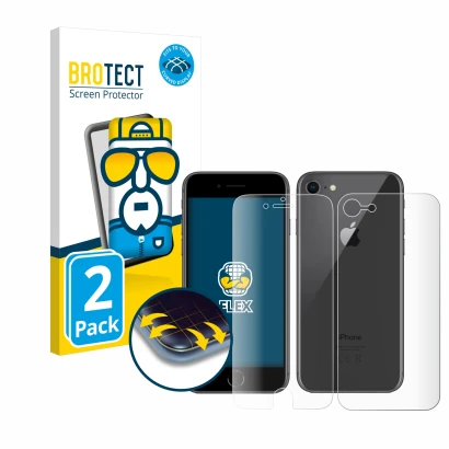 Front side of a product packaging with the brand logo BROTECT. Next to it is the device Apple iPhone 8 (Front+Back) shown with