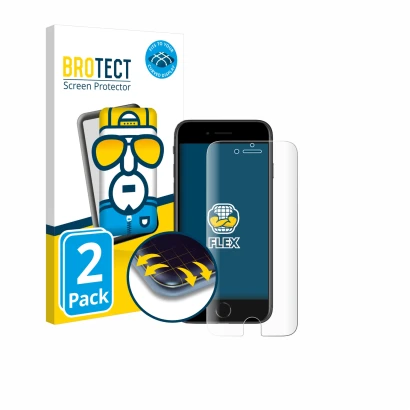 Front side of a product packaging with the brand logo BROTECT. Next to it is the device Apple iPhone SE 2 2020 shown with the 