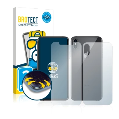Front side of a product packaging with the brand logo BROTECT. Next to it is the device Apple iPhone Xs (Front+Back) shown wit