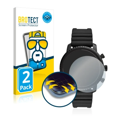 Front side of a product packaging with the brand logo BROTECT. Next to it is the device Fossil Q Explorist HR (4.Gen) shown wi