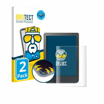 Front side of a product packaging with the brand logo BROTECT. Next to it is the device Kobo Clara HD (6") shown with the corr