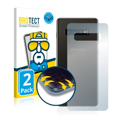 Front side of a product packaging with the brand logo BROTECT. Next to it is the device Samsung Galaxy S10 (Back) shown with t