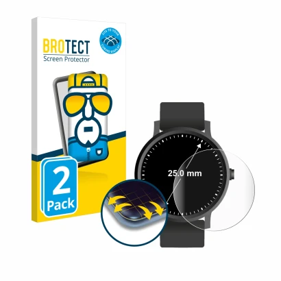 Front side of a product packaging with the brand logo BROTECT. Next to it is the device Circular Displays (ø: 25 mm) shown wit