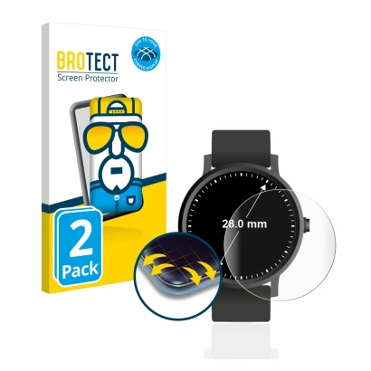Front side of a product packaging with the brand logo BROTECT. Next to it is the device Circular Displays (ø: 28 mm) shown wit
