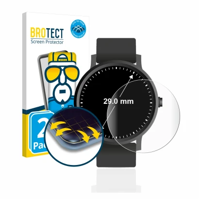 Front side of a product packaging with the brand logo BROTECT. Next to it is the device Circular Displays (ø: 29 mm) shown wit