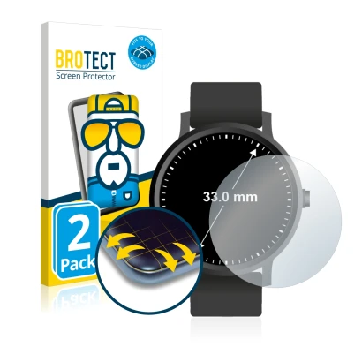 Front side of a product packaging with the brand logo BROTECT. Next to it is the device Circular Displays (ø: 33 mm) shown wit