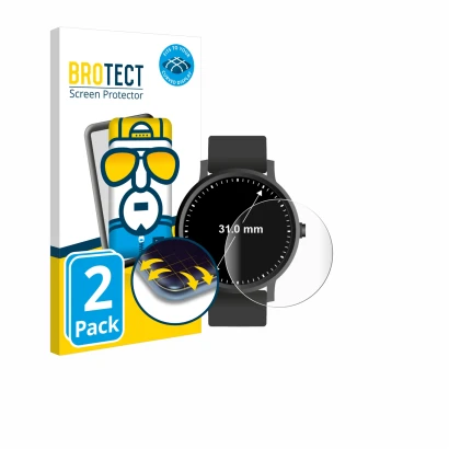 Front side of a product packaging with the brand logo BROTECT. Next to it is the device Circular Displays (ø: 31 mm) shown wit