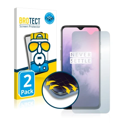 Front side of a product packaging with the brand logo BROTECT. Next to it is the device OnePlus 7 shown with the corresponding