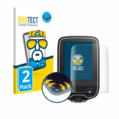 Front side of a product packaging with the brand logo BROTECT. Next to it is the device Freestyle Libre 2 shown with the corre
