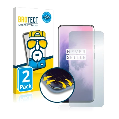 Front side of a product packaging with the brand logo BROTECT. Next to it is the device OnePlus 7 Pro shown with the correspon