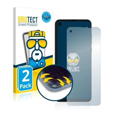 Front side of a product packaging with the brand logo BROTECT. Next to it is the device Motorola One Action shown with the cor
