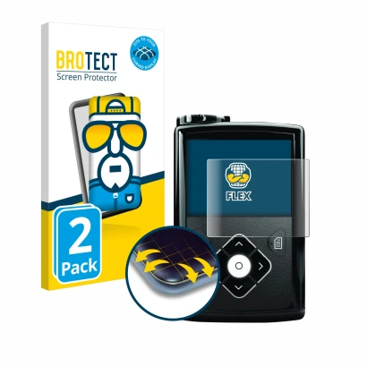 Front side of a product packaging with the brand logo BROTECT. Next to it is the device Medtronic Minimed 640G shown with the