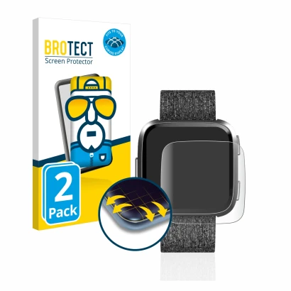 Front side of a product packaging with the brand logo BROTECT. Next to it is the device Fitbit Versa Special Edition shown wit