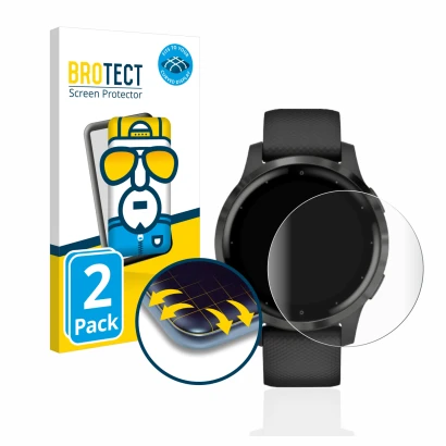 Front side of a product packaging with the brand logo BROTECT. Next to it is the device Garmin vivoactive 4 (45 mm) shown with