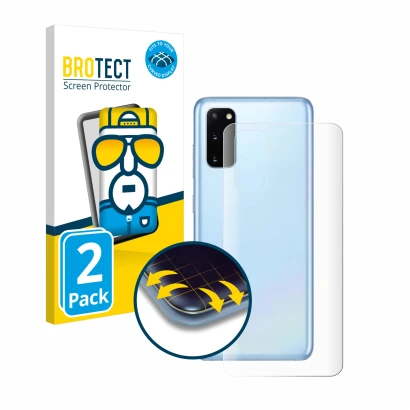 Front side of a product packaging with the brand logo BROTECT. Next to it is the device Samsung Galaxy S20 (Back) shown with t