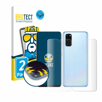 Front side of a product packaging with the brand logo BROTECT. Next to it is the device Samsung Galaxy S20 (Front+Back) shown