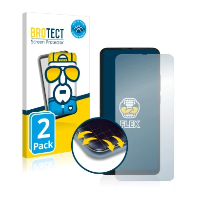 Front side of a product packaging with the brand logo BROTECT. Next to it is the device Motorola One Hyper shown with the corr