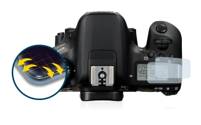 Image of the device Canon EOS 77D (top plate display) with a wide variety of screen protectors.
