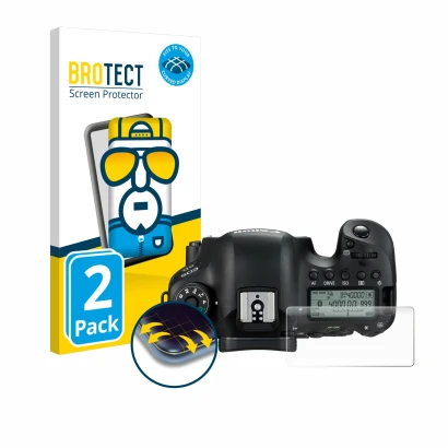 Front side of a product packaging with the brand logo BROTECT. Next to it is the device Canon EOS 6D (top plate display) shown