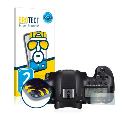 Front side of a product packaging with the brand logo BROTECT. Next to it is the device Canon EOS 5DS (top plate display) show