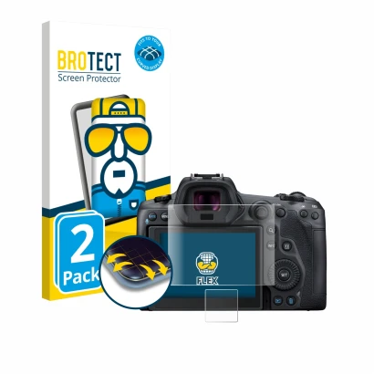 Front side of a product packaging with the brand logo BROTECT. Next to it is the device Canon EOS R5 shown with the correspond