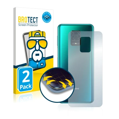 Front side of a product packaging with the brand logo BROTECT. Next to it is the device Xiaomi Redmi Note 9 Pro (Back) shown w