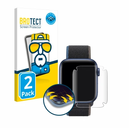 Front side of a product packaging with the brand logo BROTECT. Next to it is the device Apple Watch Series 6 (44 mm) shown wit