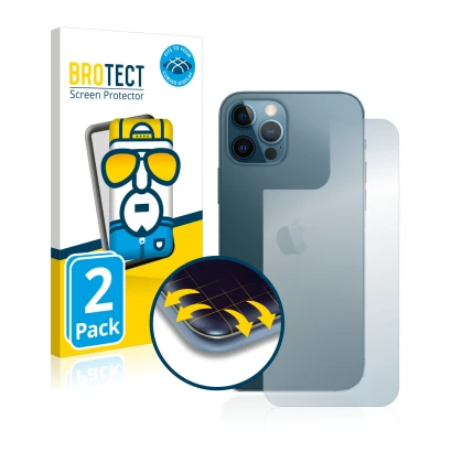 Front side of a product packaging with the brand logo BROTECT. Next to it is the device Apple iPhone 12 Pro (Back) shown with